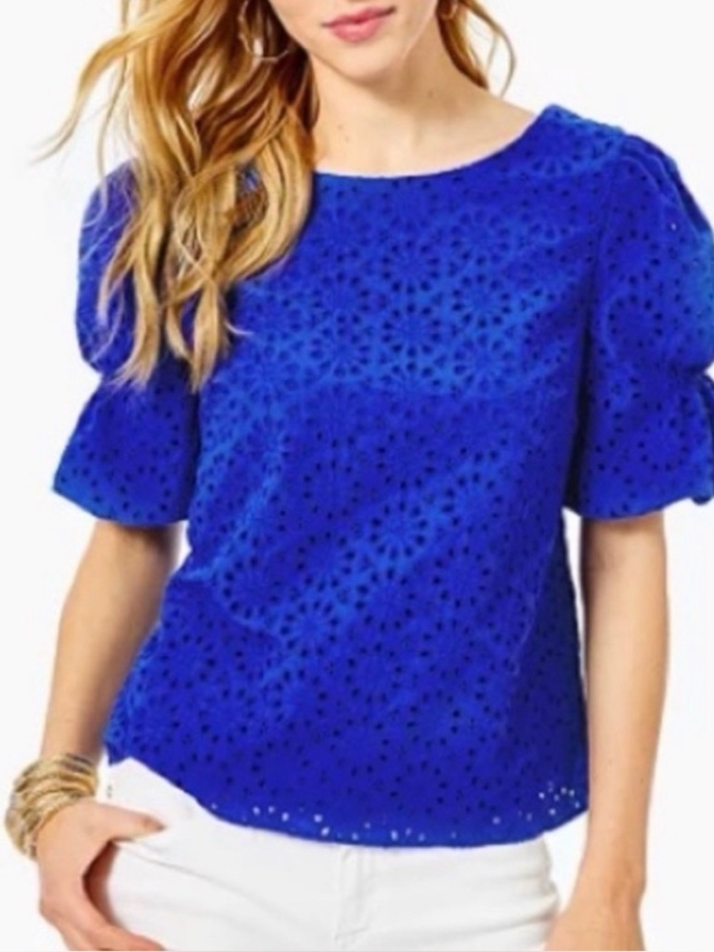Lilly Pulitzer Shaila Top Size Small Blue Boho Eyelet Blouse Beach Summer